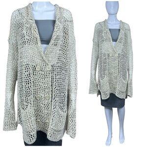 Free People Crochet Linen Open Knit Cardigan Blazer Size Medium Lagenlook Boho